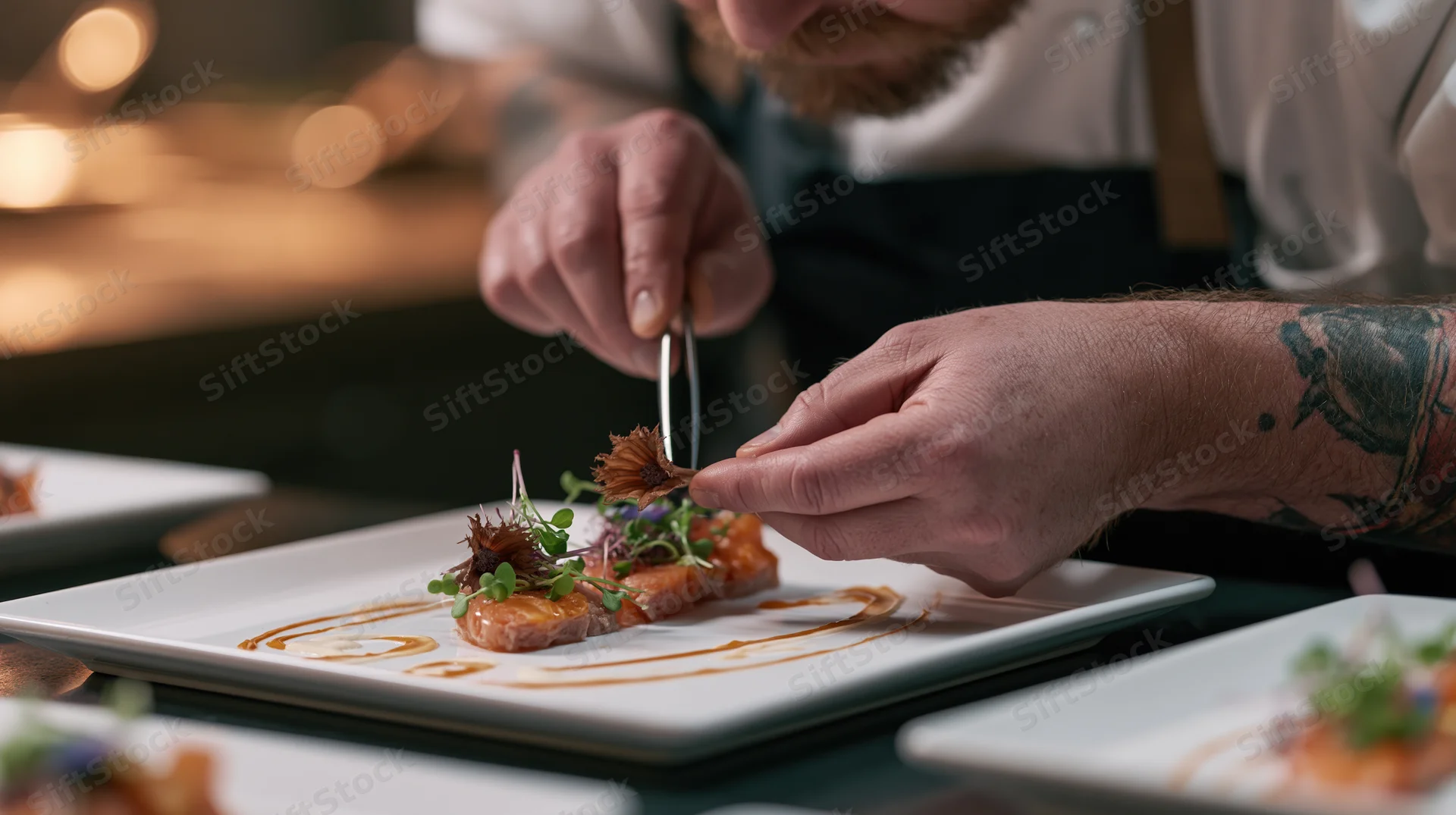 Chef plating a gourmet salmon dish with tweezers and garnish on a white plate