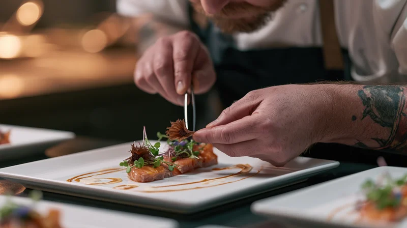 Chef plating a gourmet salmon dish with tweezers and garnish on a white plate