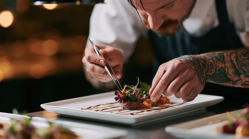 Tattooed chef plating a gourmet dish with tweezers in a fine dining kitchen
