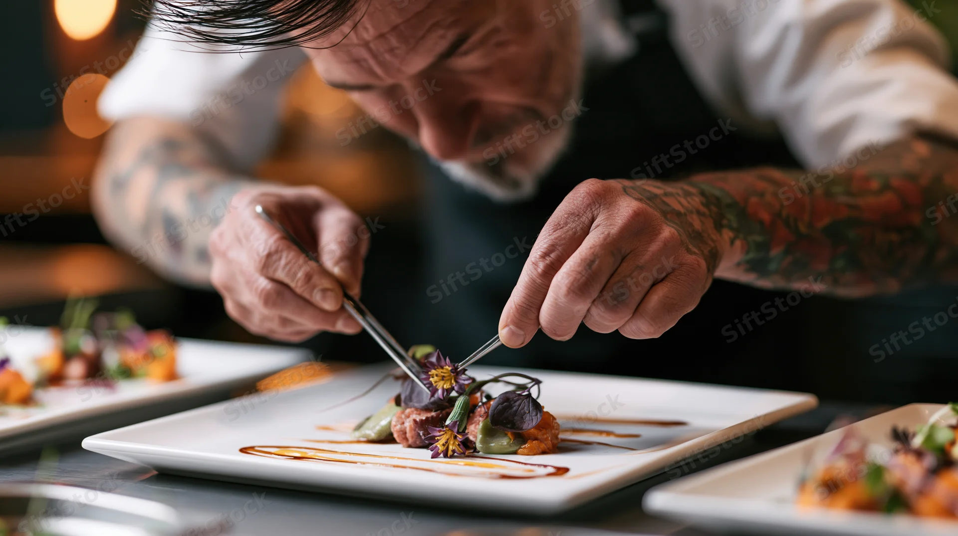 Chef plating a gourmet dish with tweezers in a fine dining restaurant kitchen