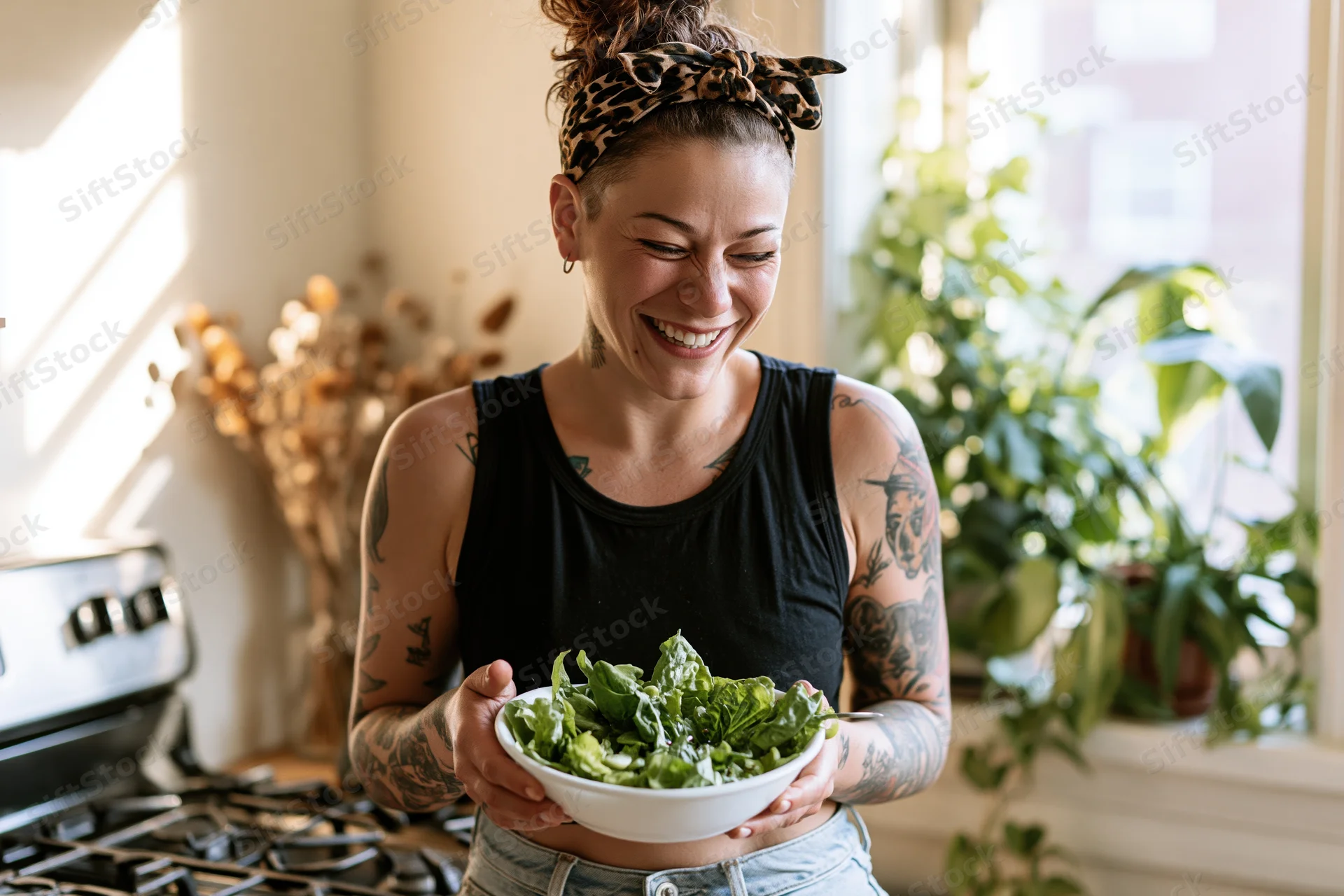 Tattooed woman laughing while holding a bowl of salad in a sunlit kitchen