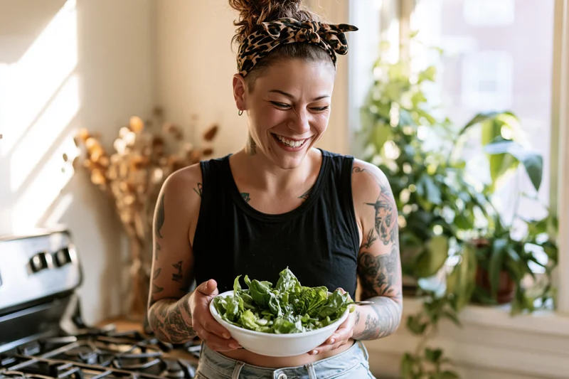 Tattooed woman laughing while holding a bowl of salad in a sunlit kitchen