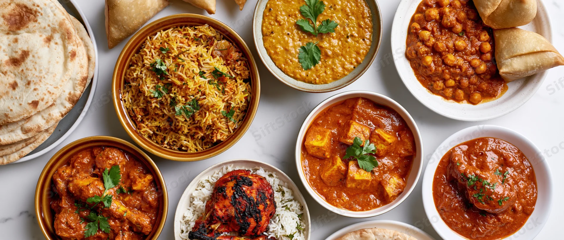Ten indian dishes arranged in a flat-lay grid overhead shot on a marble surface