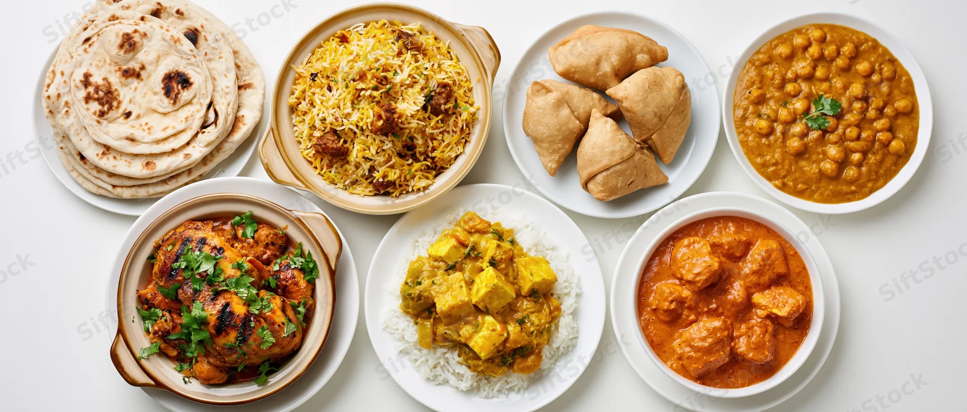 Indian dishes arranged in a flat-lay grid overhead shot on white surface