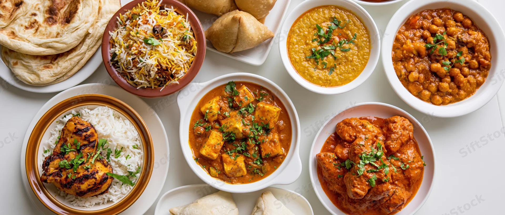 Indian dishes arranged in a flat-lay grid overhead shot on white surface