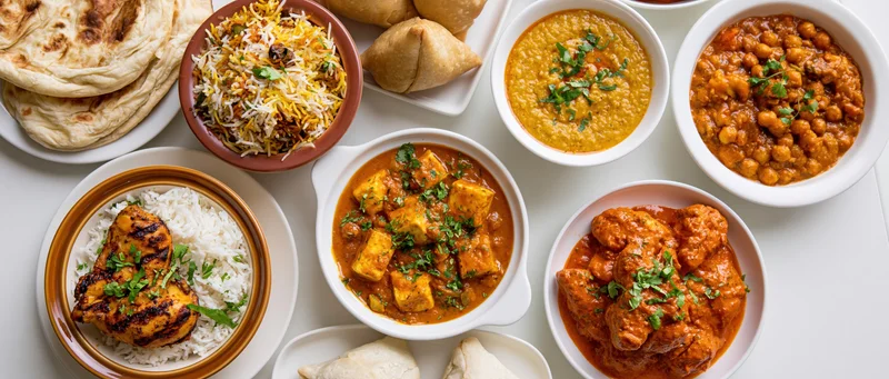 Indian dishes arranged in a flat-lay grid overhead shot on white surface