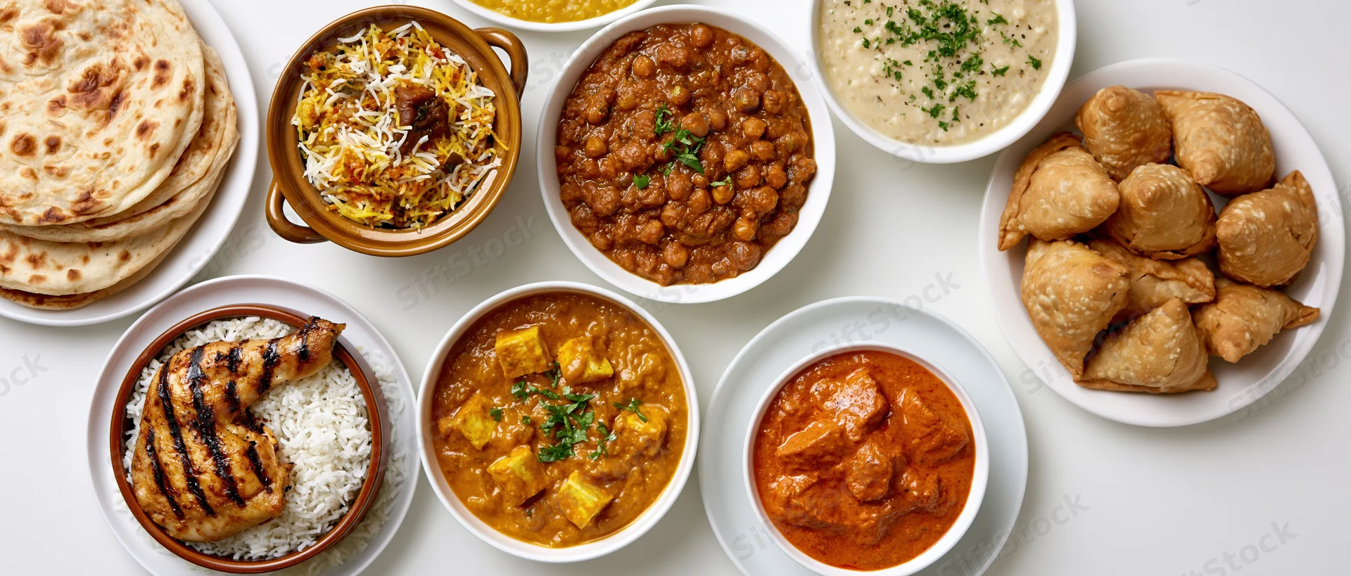 Ten indian dishes arranged in a flat-lay grid overhead shot on white surface