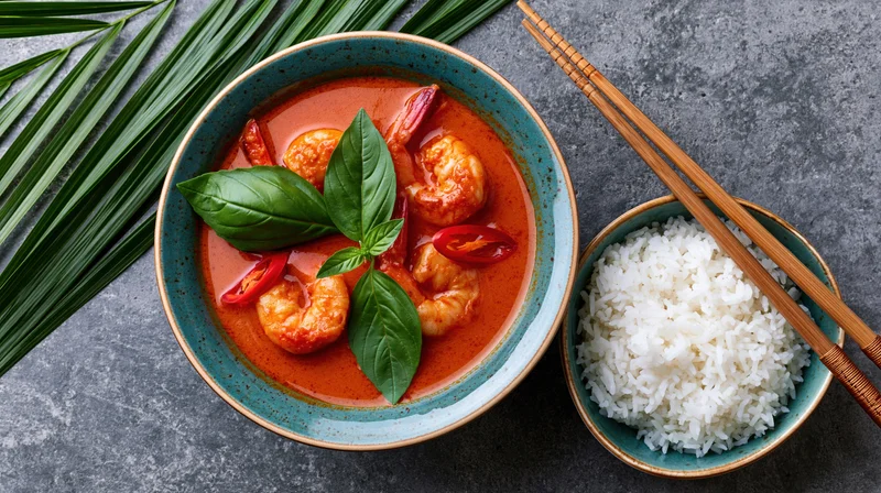 Thai red curry with shrimp in a rustic ceramic bowl garnished with basil and chili beside a bowl of rice with chopsticks on a gray stone surface