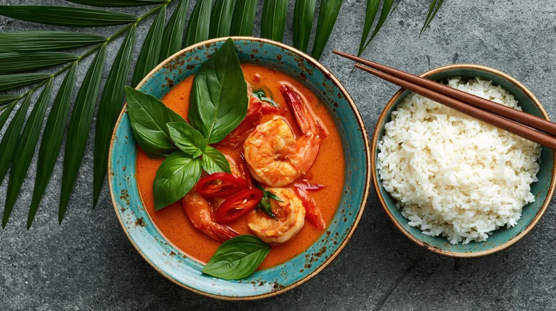 Thai red curry with shrimp in a rustic ceramic bowl garnished with basil and chili next to a bowl of white rice with chopsticks on a gray stone surface