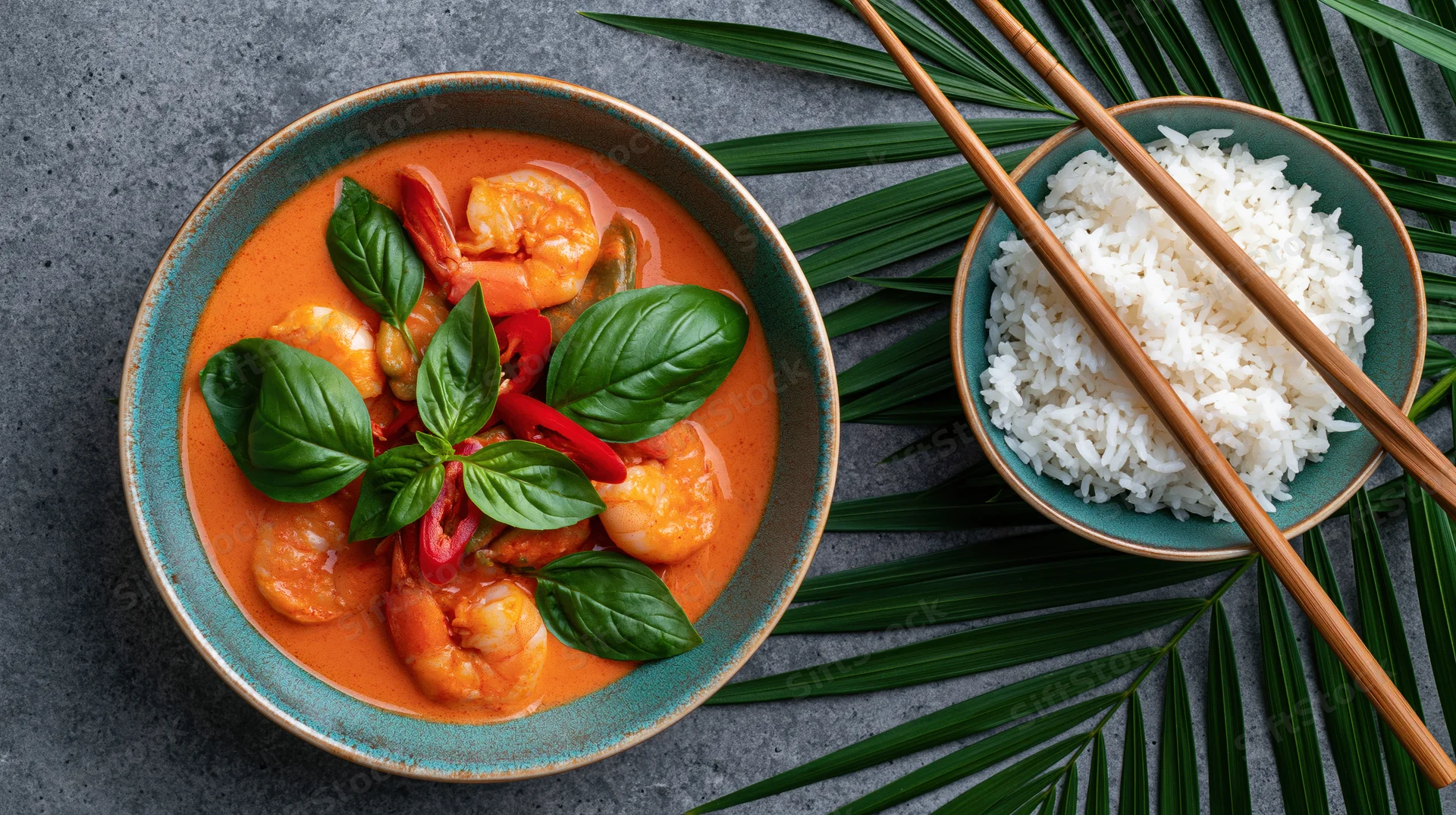 Thai red curry with shrimp in a rustic ceramic bowl garnished with basil and chili, served with rice and chopsticks on a gray surface with palm leaves