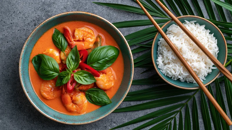 Thai red curry with shrimp in a rustic ceramic bowl garnished with basil and chili, served with rice and chopsticks on a gray surface with palm leaves