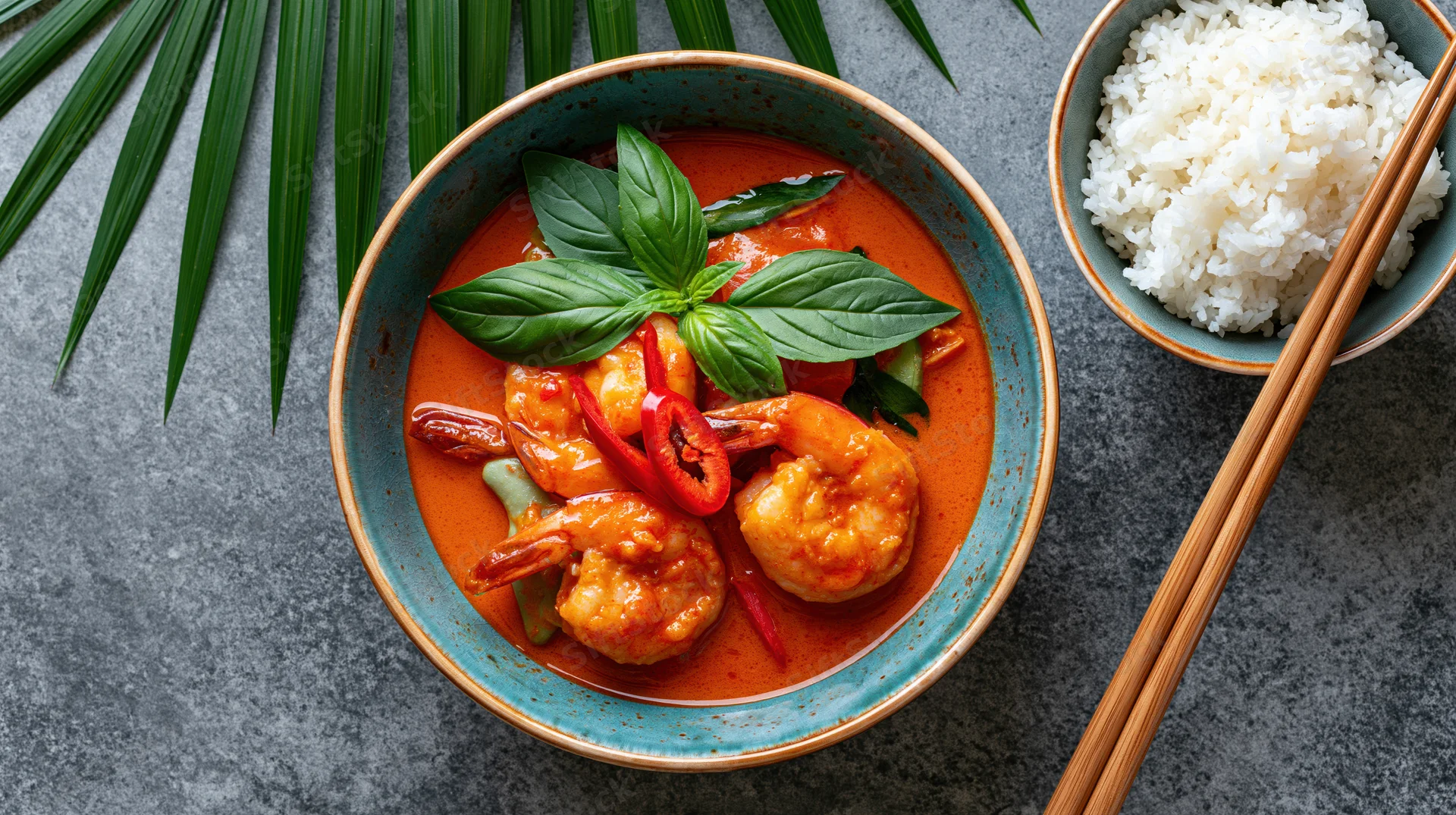 Thai red curry with shrimp in a rustic ceramic bowl garnished with basil and chili, served with rice and chopsticks on a gray stone surface