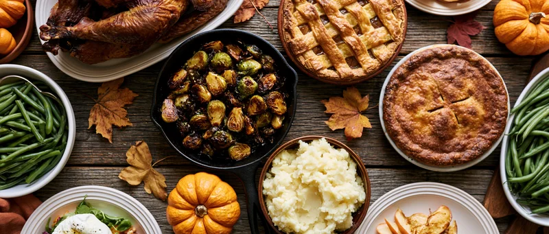 Thanksgiving feast spread across a weathered wooden farmhouse table with turkey, pies, mashed potatoes, brussels sprouts, green beans, and pumpkins surrounded by autumn leaves