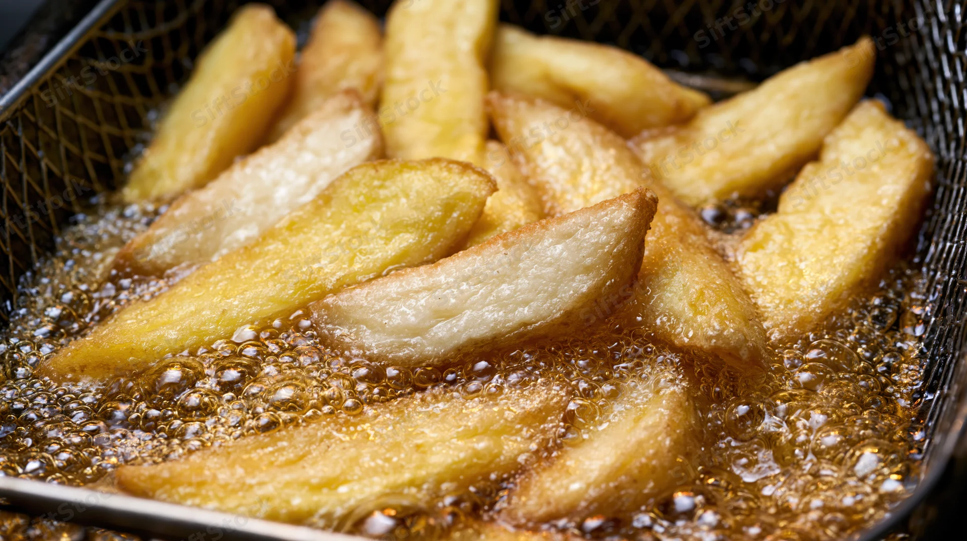 Thick-cut potato fries frying in bubbling oil inside a metal wire basket