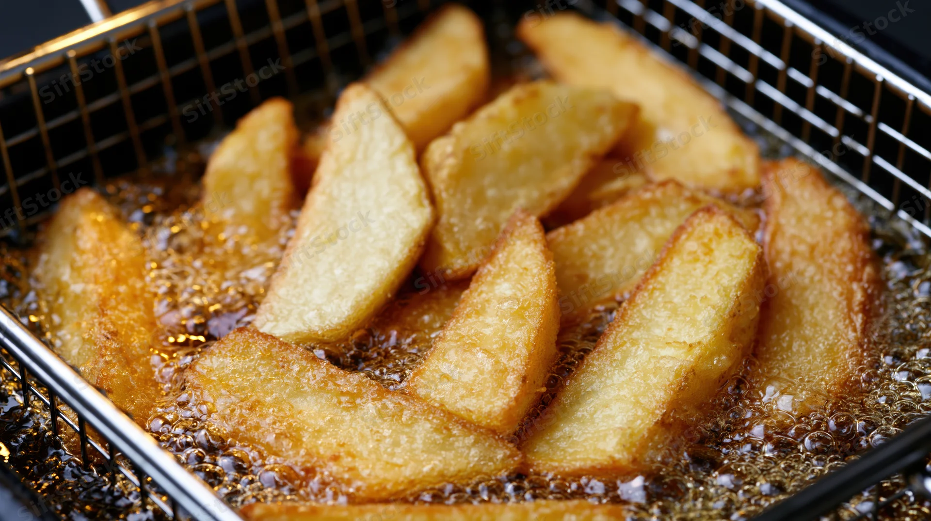 Thick-cut potato fries frying in a metal wire basket with bubbling oil