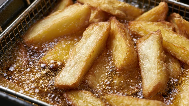Thick-cut french fries frying in a metal wire basket with bubbling oil