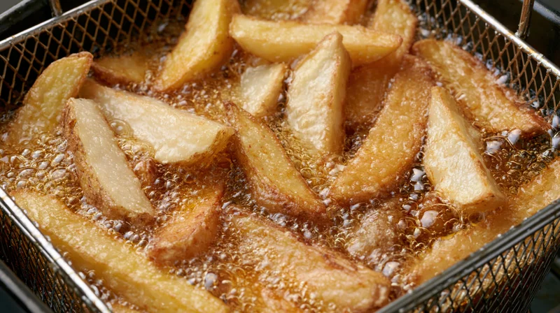 Thick-cut potato wedges frying in a metal wire basket with bubbling oil