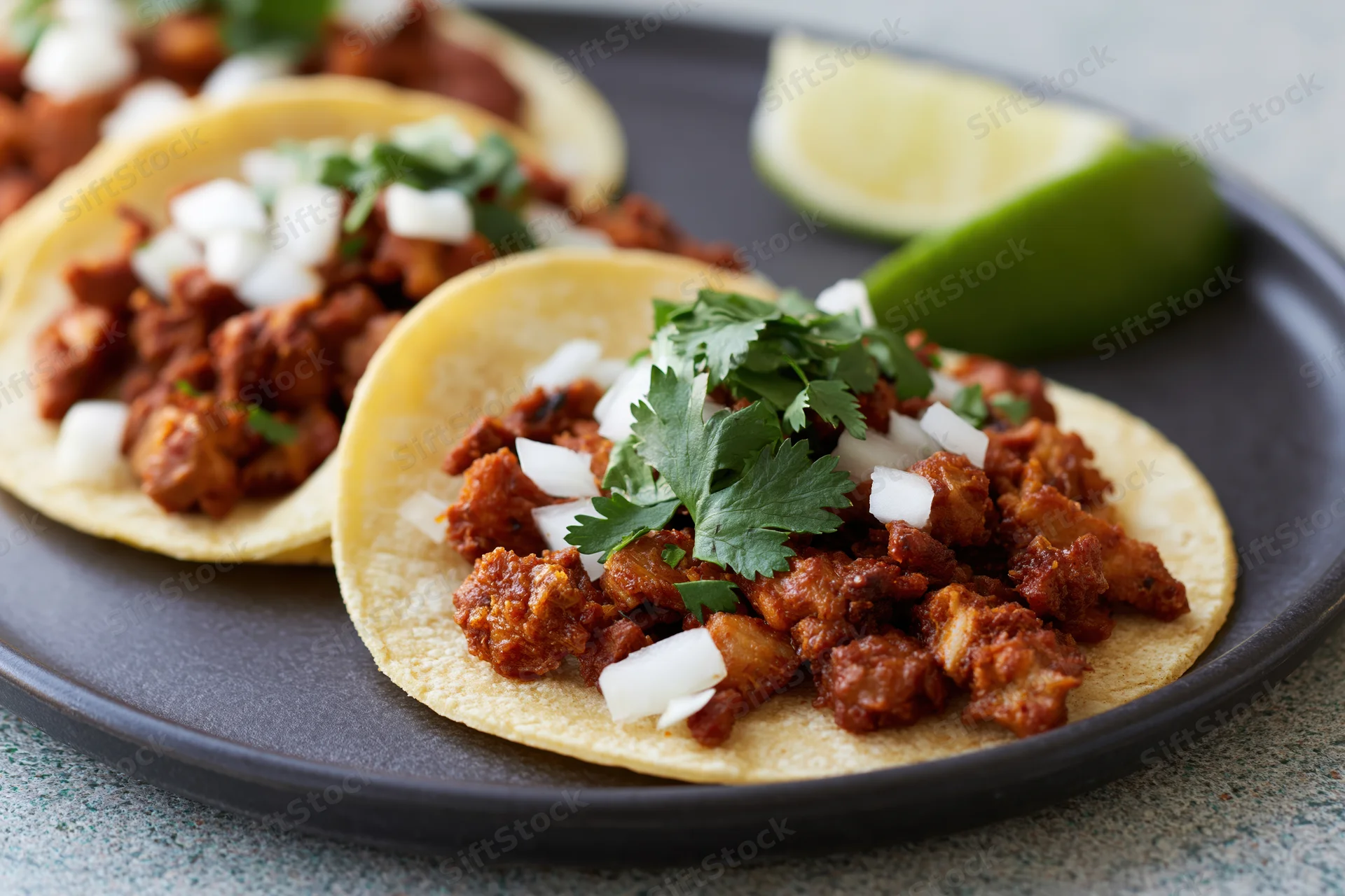 Three al pastor tacos on corn tortillas topped with cilantro, diced onion, and lime wedge on a black plate