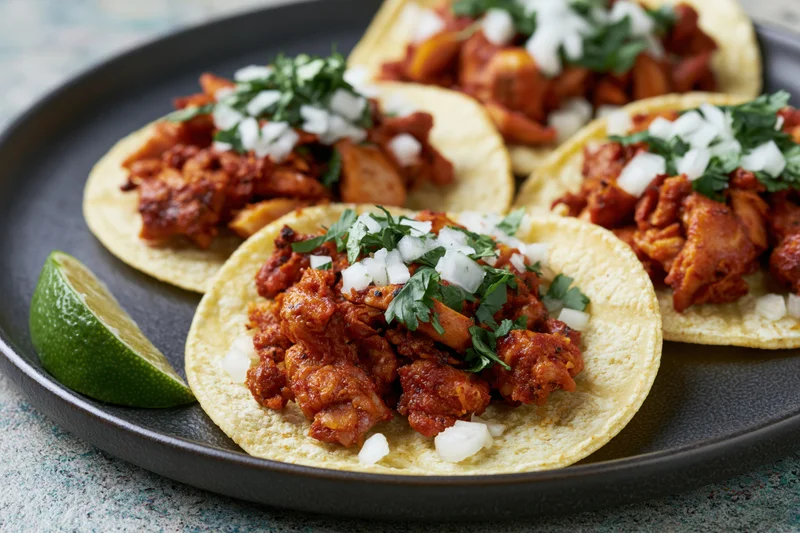 Al pastor tacos on corn tortillas topped with cilantro and onion on a black plate with lime wedge