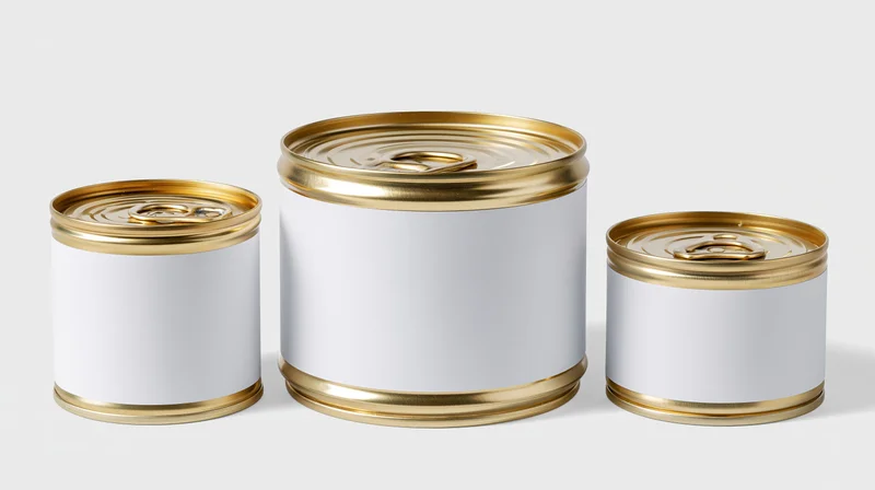 Three blank-label metal food cans in descending sizes arranged on a white surface