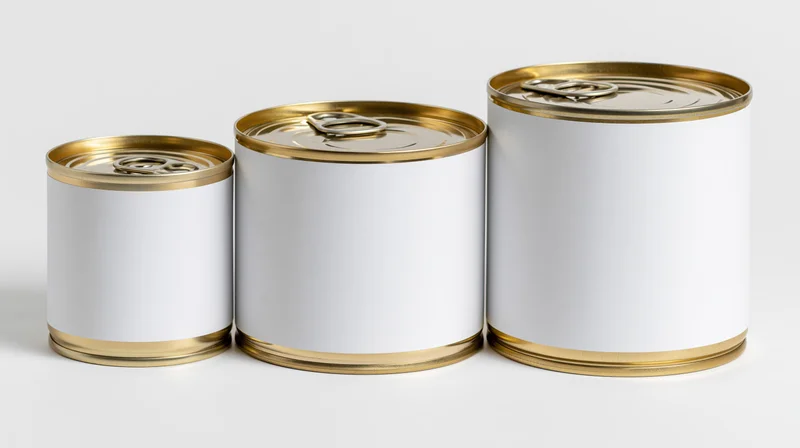Three blank-label metal food cans in descending sizes arranged in a row on a white surface