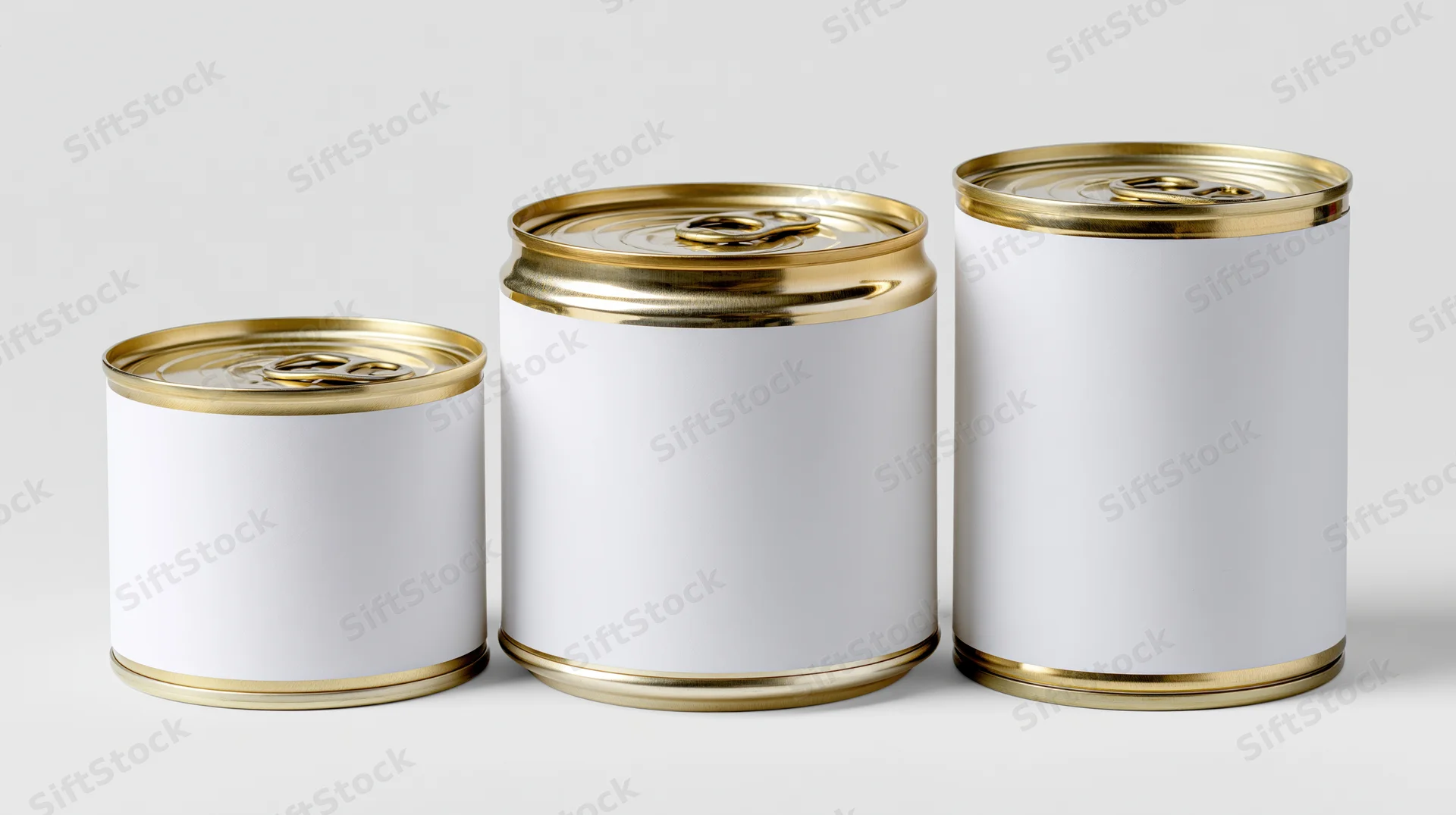 Three blank-label metal food cans in descending sizes arranged on a white surface