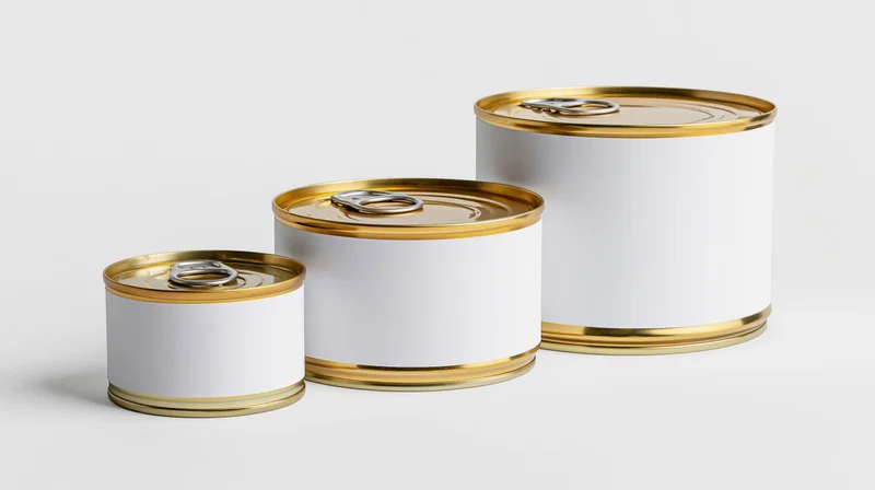 Three blank-label metal food cans in descending sizes arranged on a white surface