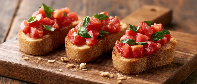 Three bruschetta toasts topped with diced tomatoes and basil on a wooden cutting board