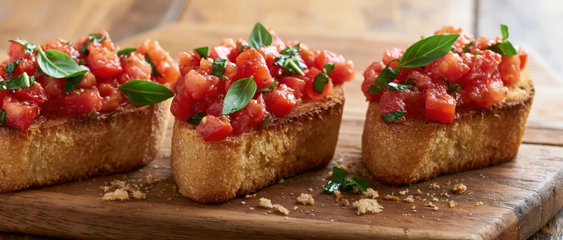 Three bruschetta toasts topped with diced tomatoes and basil on a wooden cutting board