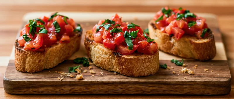 Three bruschetta toasts topped with diced tomatoes and basil on a wooden cutting board