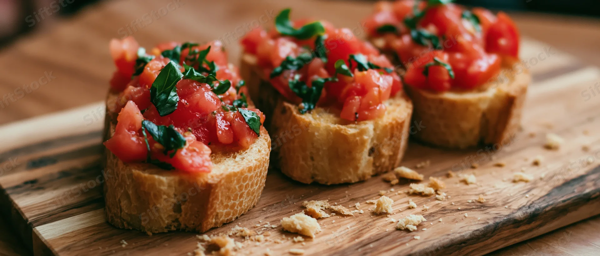 Three bruschetta toasts topped with diced tomatoes and basil on a wooden cutting board