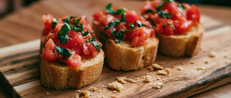 Three bruschetta toasts topped with diced tomatoes and basil on a wooden cutting board