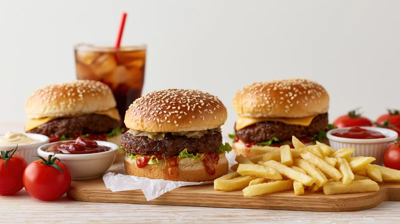 Three cheeseburgers with sesame seed buns and french fries on a wooden cutting board with condiments and soda