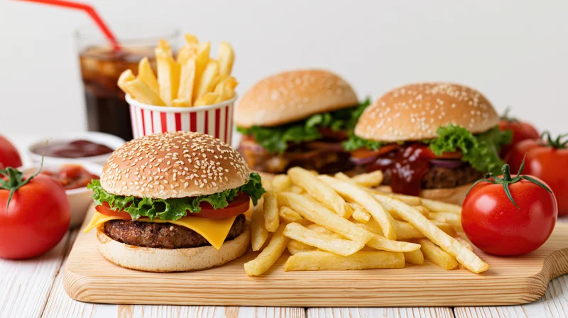 Three burgers with sesame seed buns and french fries arranged on a wooden cutting board with tomatoes and condiments