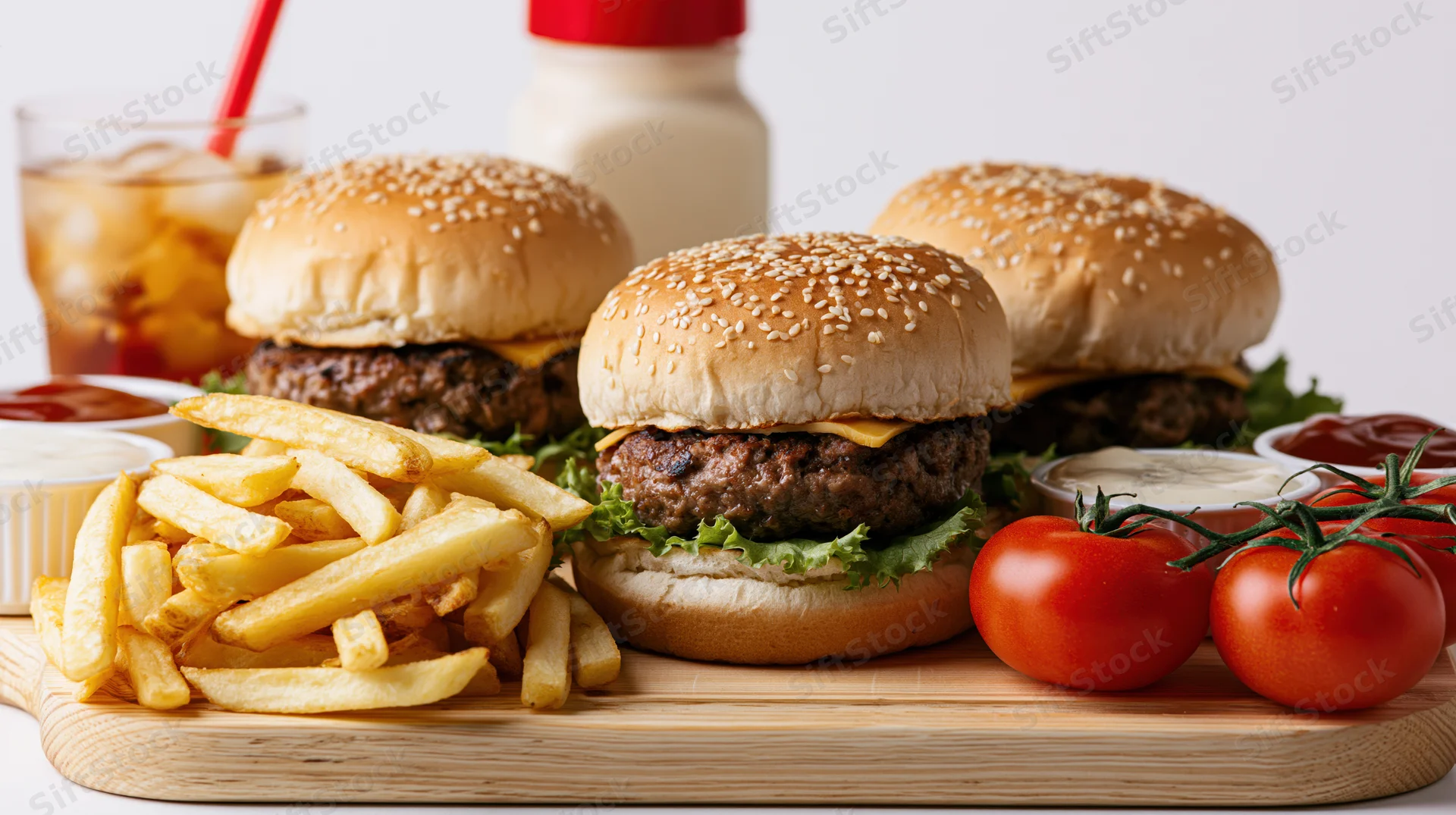Three cheeseburgers with sesame seed buns and golden fries arranged on a wooden board with condiments and a soda drink