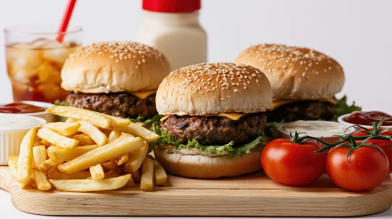 Three cheeseburgers with sesame seed buns and golden fries arranged on a wooden board with condiments and a soda drink