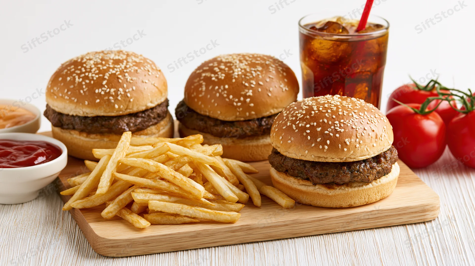 Three burgers with sesame seed buns and french fries on a wooden cutting board with soda and ketchup nearby