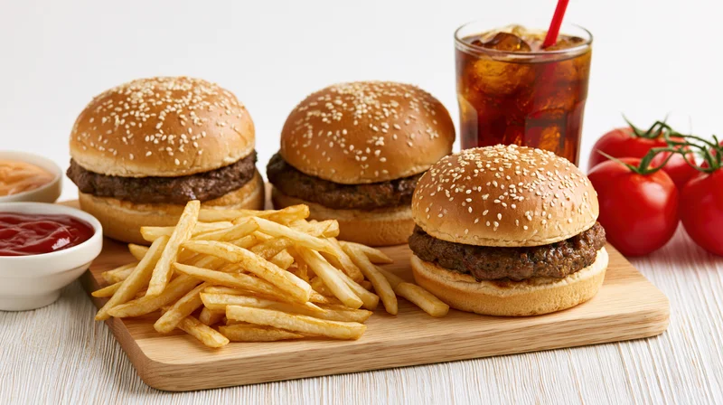 Three burgers with sesame seed buns and french fries on a wooden cutting board with soda and ketchup nearby