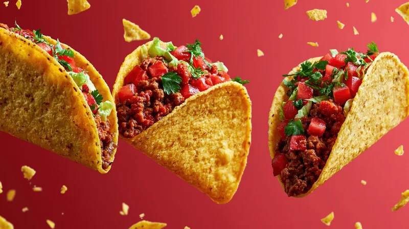 Three crispy corn tacos filled with seasoned ground beef and toppings floating in midair against red background