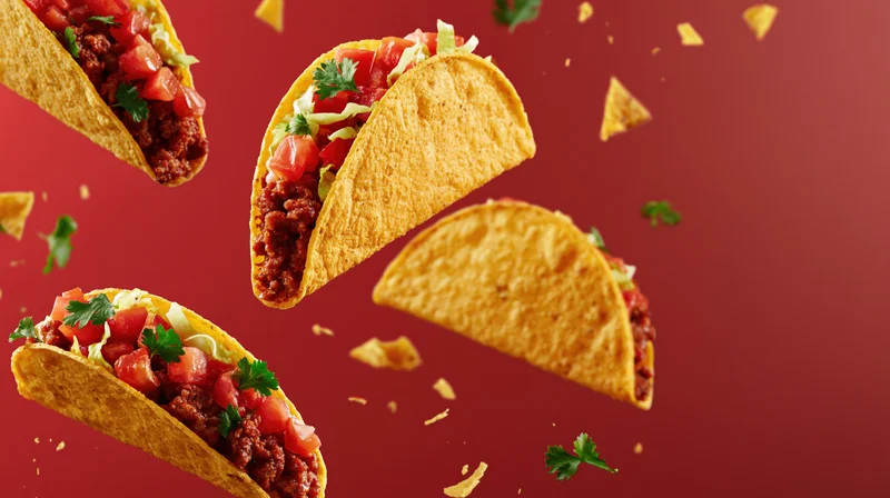 Crispy corn tacos filled with seasoned beef and toppings floating in midair against a red background