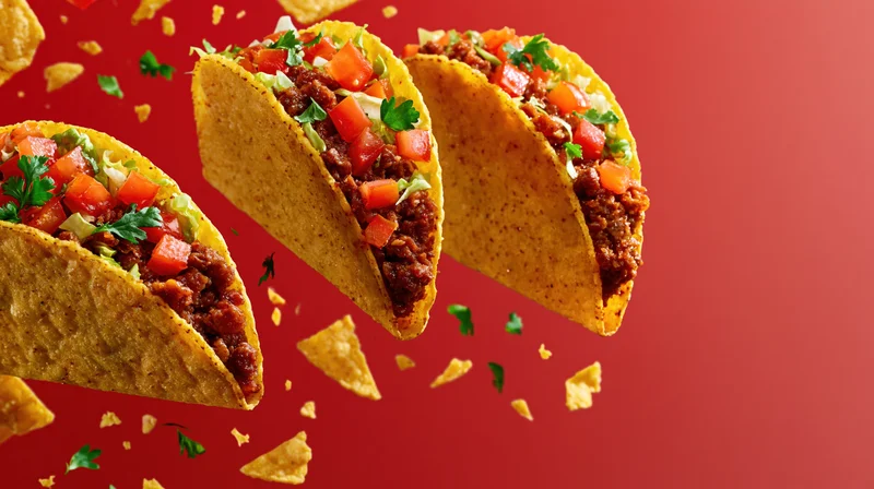 Three crispy corn tacos filled with seasoned ground beef and topped with diced tomatoes and cilantro floating against a red background