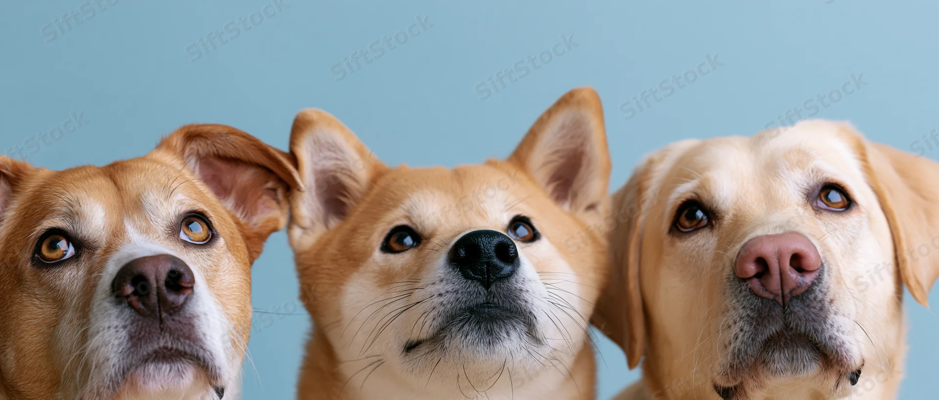 Three dogs peeking upward from the bottom edge of frame against a blue background