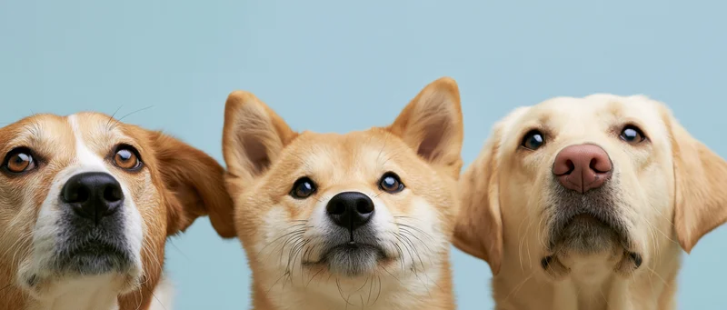 Three dogs peeking upward from bottom of frame against blue background