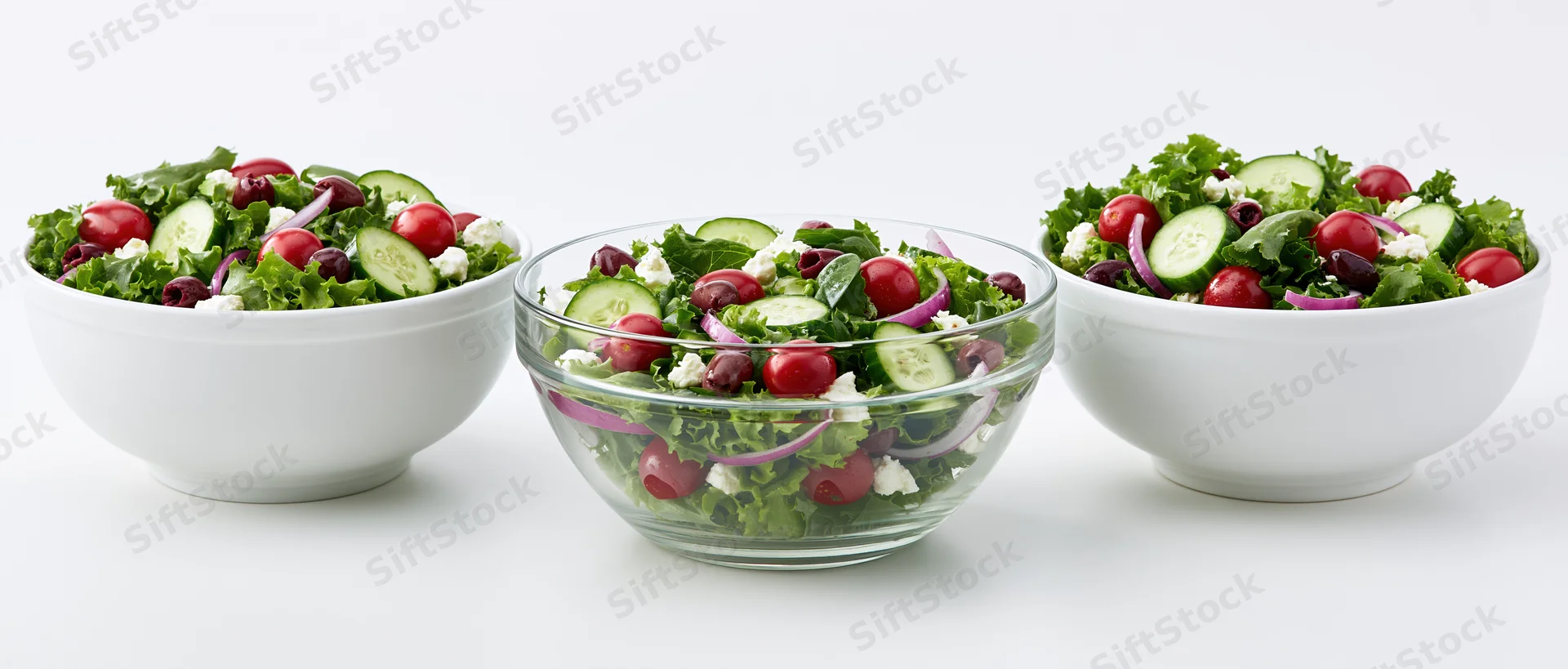 Three fresh garden salads in white and glass bowls arranged side by side on a white surface