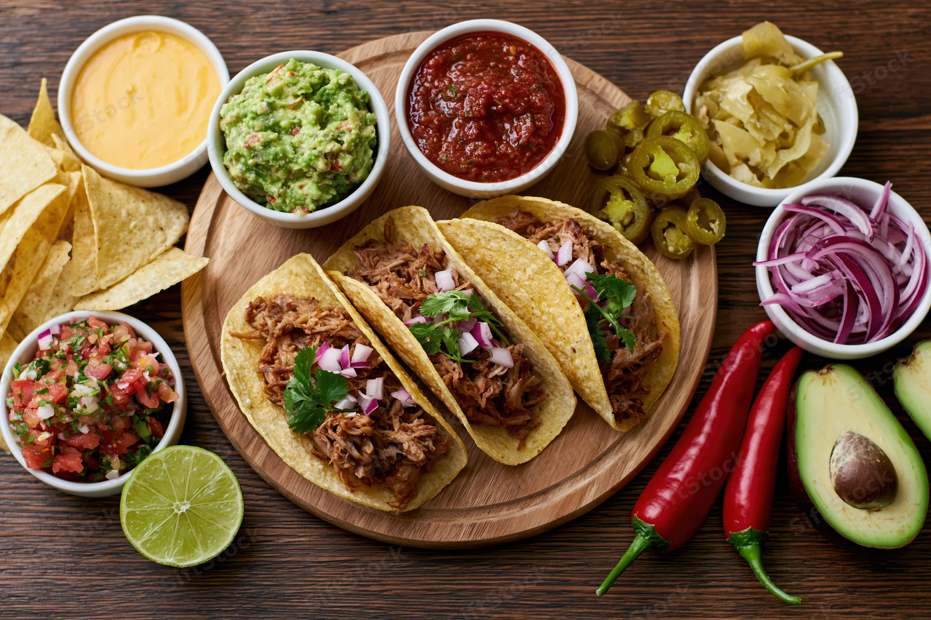 Three hard shell tacos filled with pulled meat and diced onion on a wooden platter surrounded by various Mexican condiments and garnishes