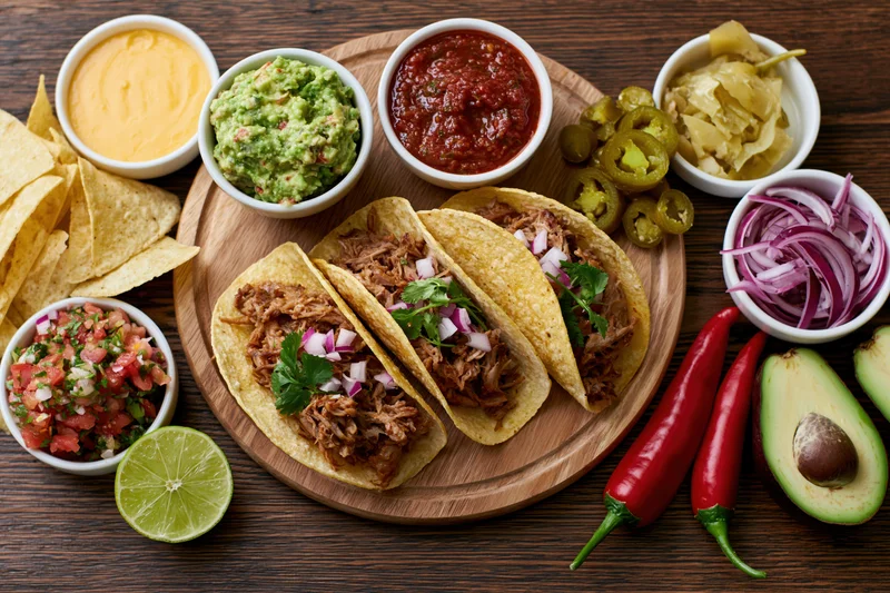 Three hard shell tacos filled with pulled meat and diced onion on a wooden platter surrounded by various Mexican condiments and garnishes