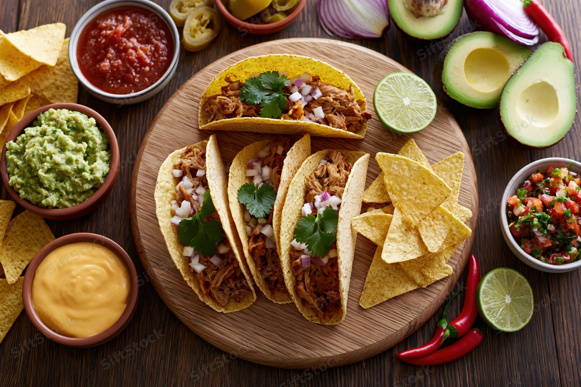 Three hard shell tacos filled with pulled meat and diced onion on a wooden board surrounded by guacamole, salsa, lime, avocado, and tortilla chips