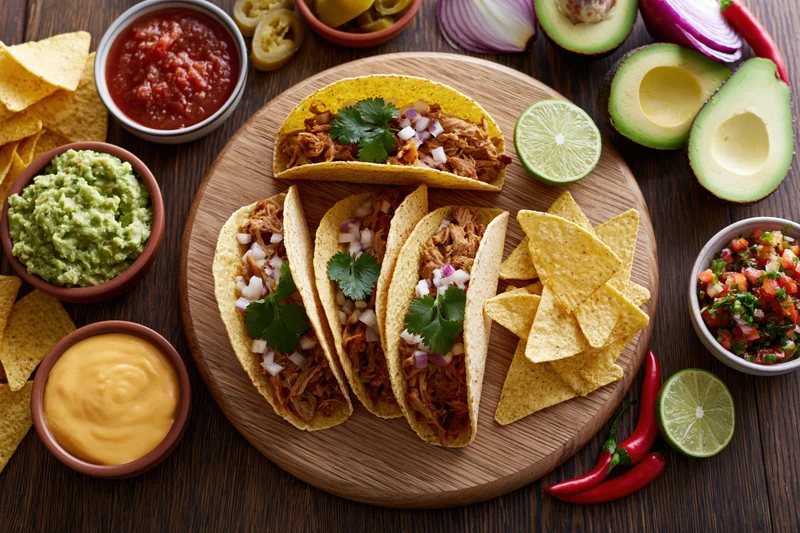 Three hard shell tacos filled with pulled meat and diced onion on a wooden board surrounded by guacamole, salsa, lime, avocado, and tortilla chips