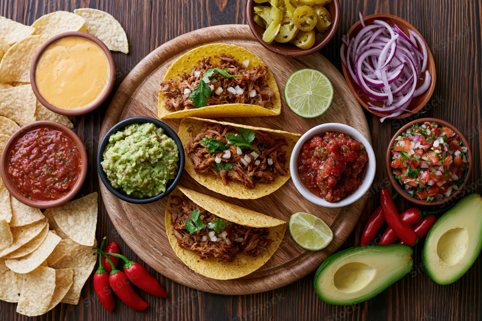 Three hard shell tacos filled with pulled meat and diced onion arranged on a wooden platter with various toppings and sides around them