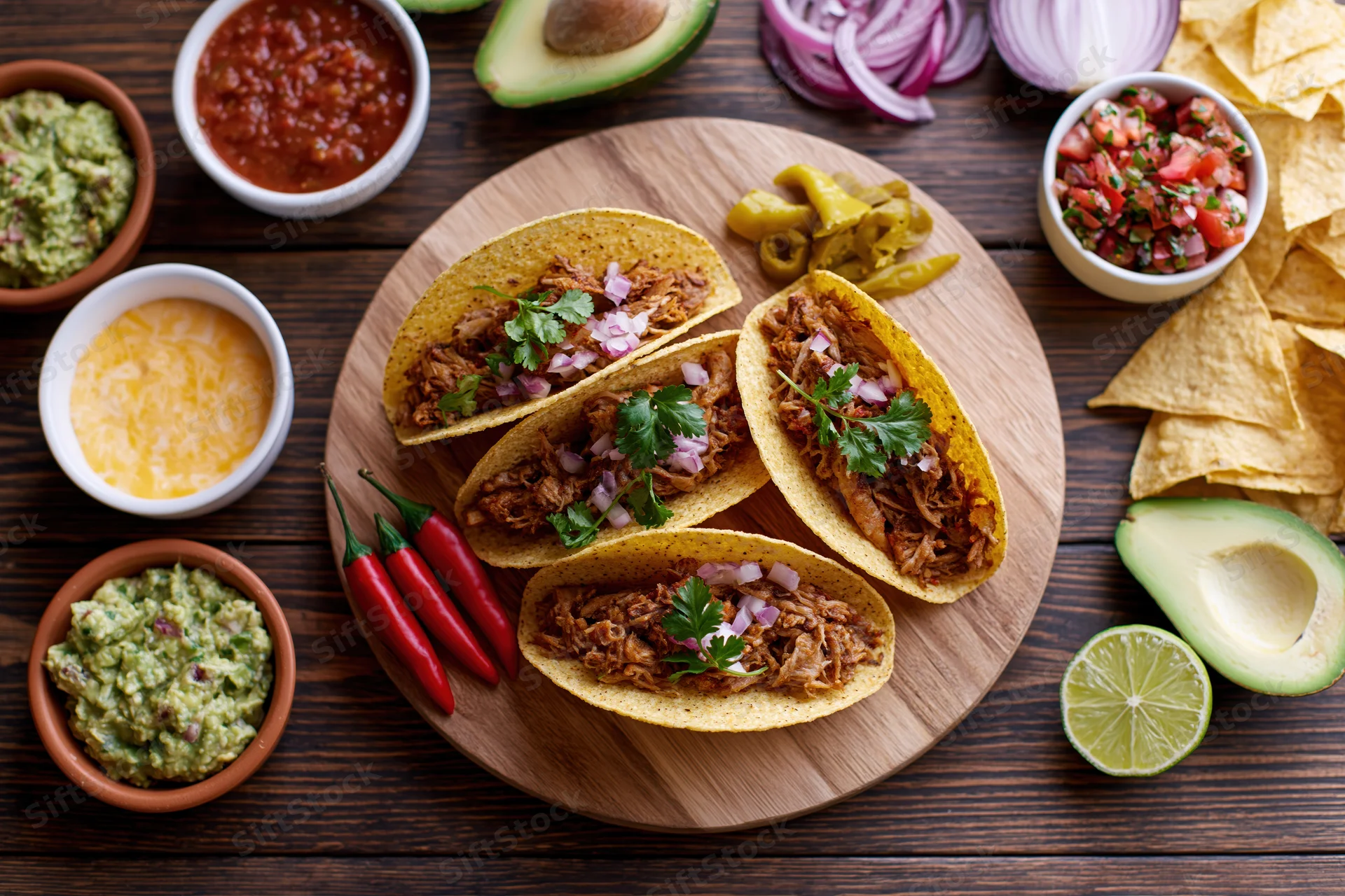 Four hard shell tacos filled with pulled meat and diced onion on a wooden board surrounded by guacamole, salsa, cheese, lime, chili peppers, and tortilla chips